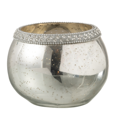 J-Line theelichthouder Rond Diamant - glas - zilver - small