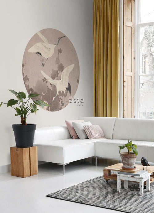 ESTAhome zelfklevende behangcirkel kraanvogels grijs roze - Ø 140 cm - 159019 - vtwonen shop