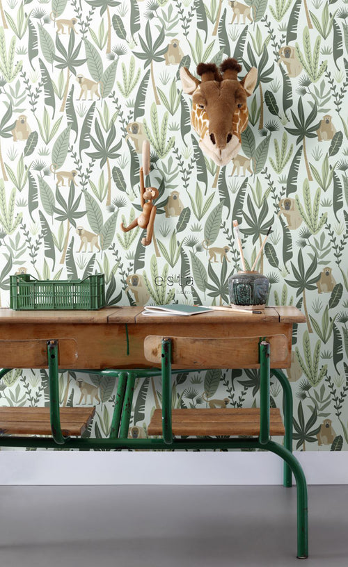 ESTAhome behang jungle apen mintgroen en donkergroen - 53 cm x 10.05 m - 139073