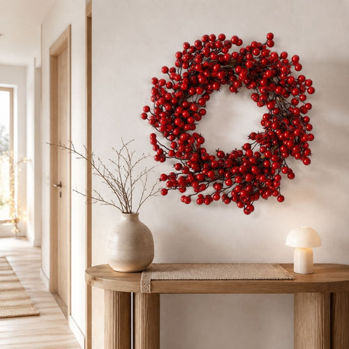 Mica Decorations Kerstkrans met Rode Besjes - Kerstversiering voor Kerst - Deurkrans voor Binnen - Feestelijke Kerstdecoratie van Foam - Diameter 40 x