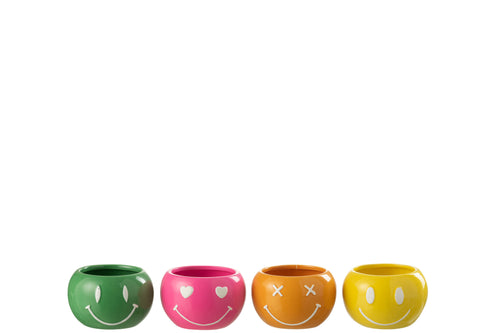 J-Line bloempot Smiley - porselein - mix - small - 4 stuks - Ø 11.5 cm