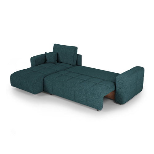 Premium Interiors - Linkshoekbank met slaapfunctie en opbergruimte VIBE - bouclé-stof eendblauw 286cm