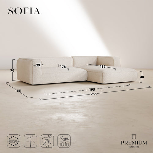 Premium Interiors - Rechthoekige hoekbank SOFIA - bouclette crème 255cm