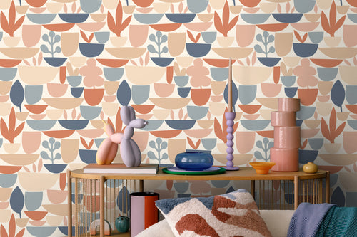 ESTAhome behang aardewerk en planten terracotta en blauw - 50 x 900 cm - 131073 - vtwonen shop