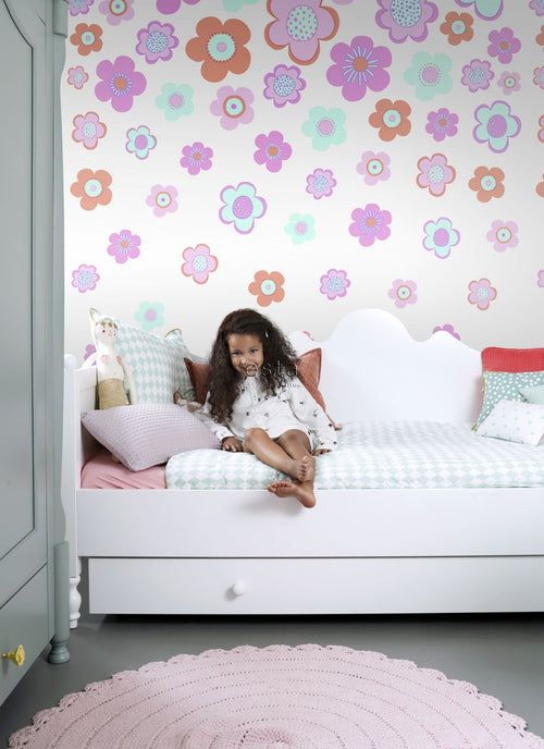 ESTAhome fotobehang vintage bloemen turquoise, roze en paars - 200 x 279 cm - 158709 - vtwonen shop