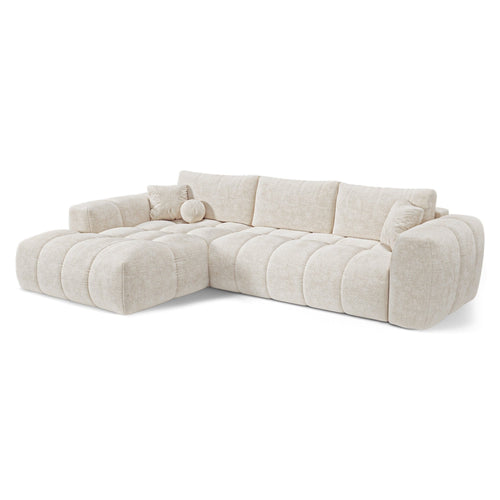 Premium Interiors - Linkshoekbank met slaapfunctie en opbergruimte SKY - gewaafd fluweel crème 310cm