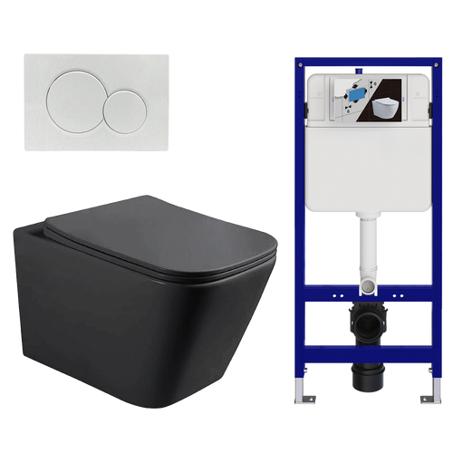 LOMAZOO hangtoiletset Linea - met inbouwreservoir & ronde drukplaat - vierkant - wit / zwart