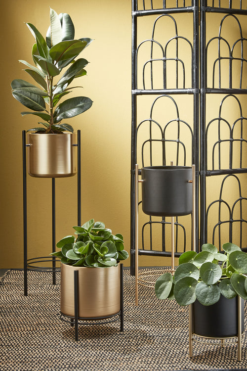 Mica Decorations Sverre Bloempot op Standaard - H29 x Ø25 cm - Goud, Zwart