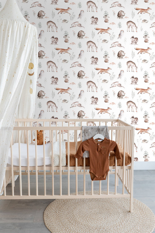ESTAhome behang vintage bosdieren wit, oranje en bruin - 53 cm x 10.05 m - 139399