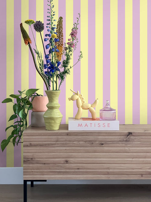 ESTAhome behang strepen pastel geel en lila paars - 53 cm x 10.05 m - 139912