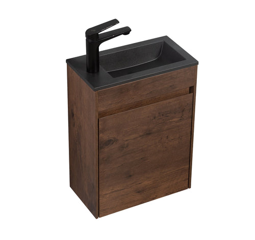 Badplaats Toiletmeubel Sinta 40 x 22 cm – Walnoot Bruin – Fonteinmeubel met Zwarte Wastafel