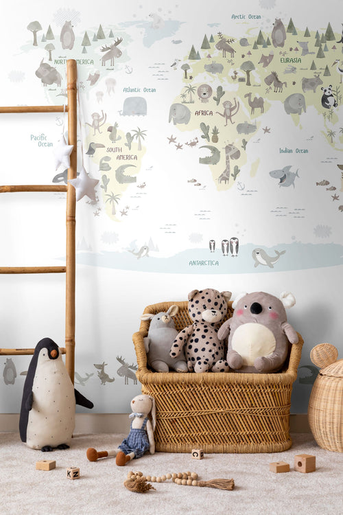 Sanders & Sanders fotobehang wereldkaart voor kinderen grijs en meerkleurig - 212 x 275 cm - 640882