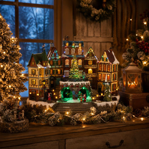 Luville Kerstdorp Miniatuur Dorpsplein - Kerstversiering met Draaiende Kerstboom - Kerstslingers voor Sfeervolle Aankleding - Kerst Deco Dorpje - L42