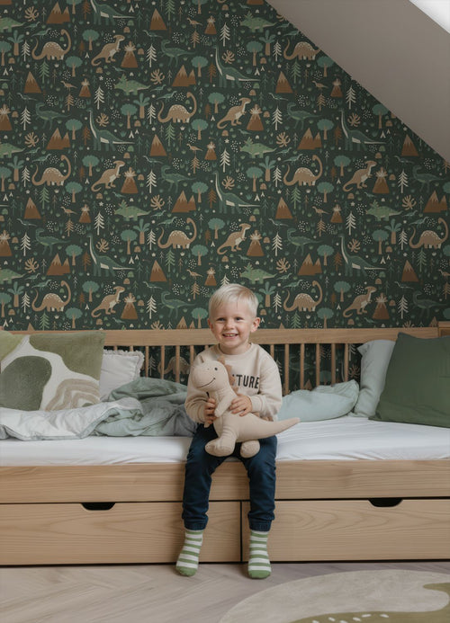 ESTAhome behang dinosaurussen donkergroen en bruin - 53 cm x 10.05 m - 139802