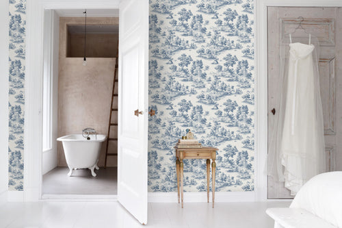 Sanders & Sanders behang toile de jouy print blauw - 53 cm x 10 m - 641035