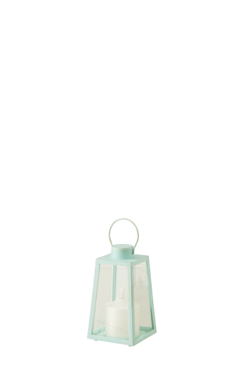 J-Line lantaarn + kaars - glas - turkoois - small - 2 stuks - LED lichtjes