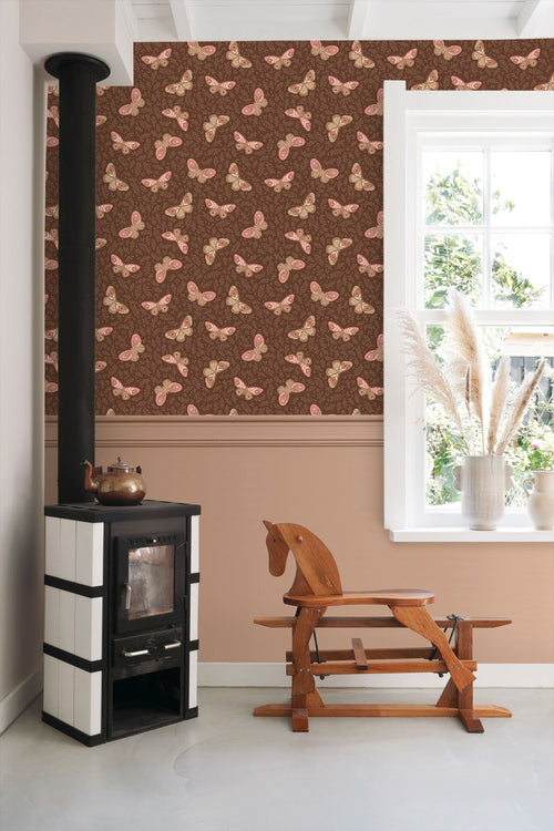 ESTAhome behang vlinders donkerbruin en roze - 50 x 900 cm - 131888