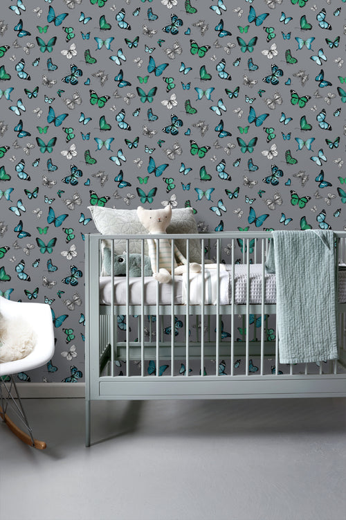 ESTAhome behang vlinders zilver en turquoise - 53 cm x 10.05 m - 138510