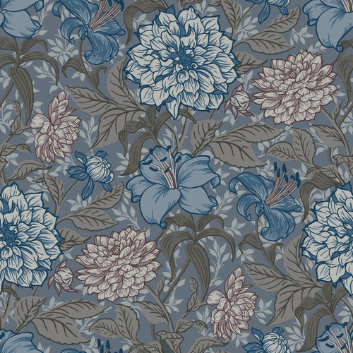 ESTAhome behang vintage bloemen vergrijsd blauw en warm grijs - 53 cm x 10.05 m - 139480
