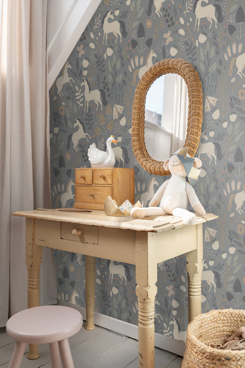 ESTAhome behang unicorns vergrijsd blauw - 50 x 900 cm - 139874 - vtwonen shop