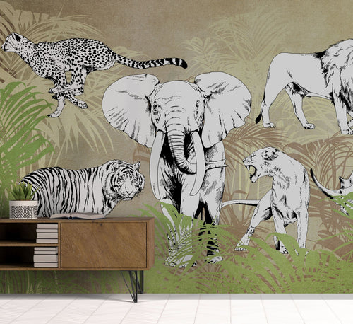 Sanders & Sanders fotobehang jungle dieren jungle groen en zwart wit - 424 x 280 cm - 640892