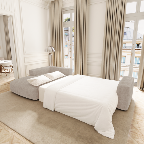 Premium Interiors - Linkshoekbank met slaapfunctie en opbergruimte COMO - zacht aanvoelende geweven stof beige 297cm