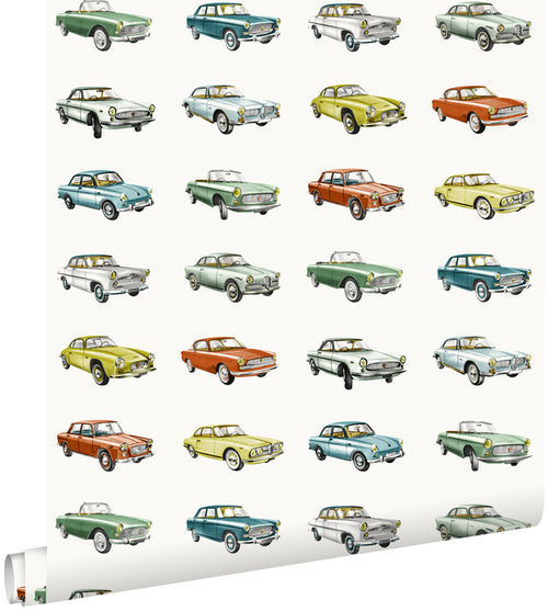 ESTAhome behang vintage auto's oranje, okergeel en groen - 53 cm x 10.05 m - 138732