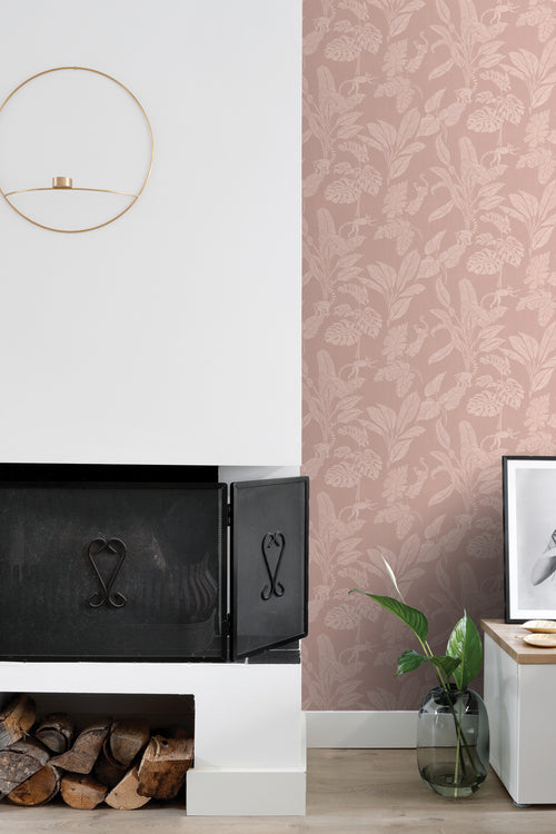 ESTAhome behang apen en jungle bladeren oudroze - 50 x 900 cm - 139860