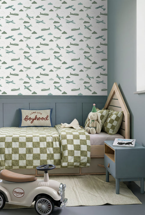 ESTAhome behang vliegtuigen vergrijsd groen en blauw - 50 x 900 cm - 139804