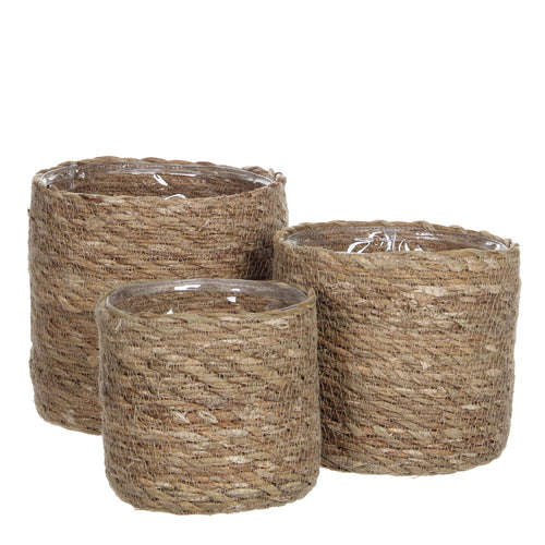 Mica Decorations Atlantic Plantenmand - Set van 3 - H16 x Ø16 cm - Zeegras - Lichtbruin