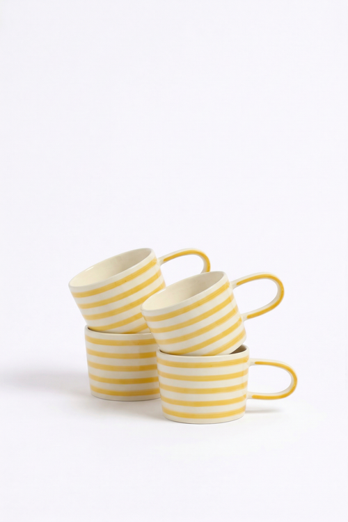 vtwonen - Mokken - Strepen - Geel - Keramiek - 350ml - Set van 4