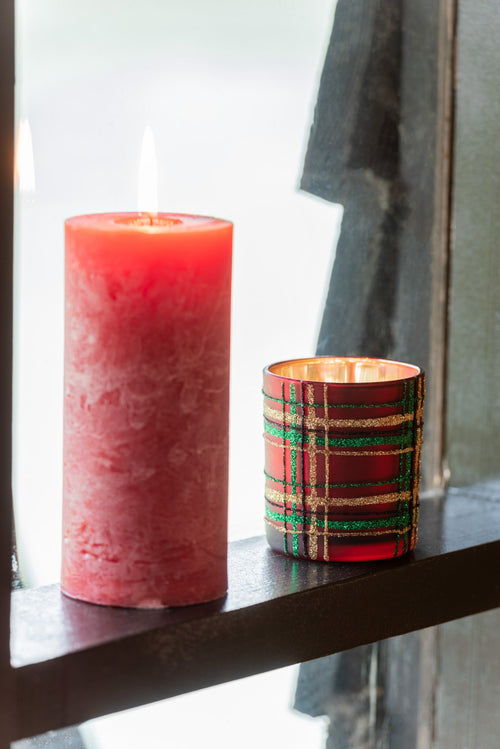J-Line theelichthouder Geruit - glas - rood/groen - large - 2 stuks