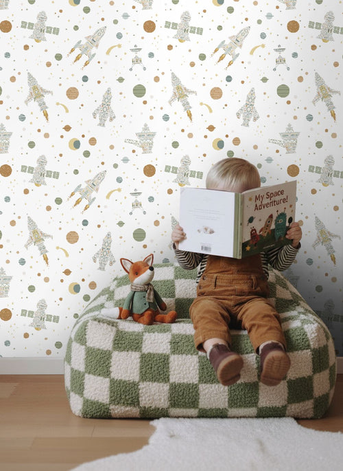 ESTAhome behang planeten in de ruimte wit, groen en bruin - 50 x 900 cm - 132069