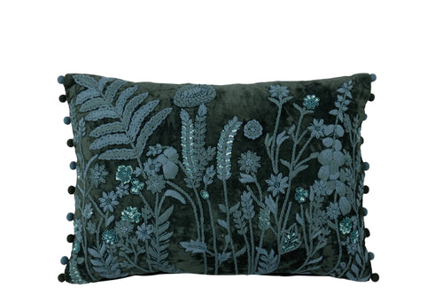 J-Line kussen Bladeren + Bloemen Rechthoek - viscose - donkergroen/turquoise
