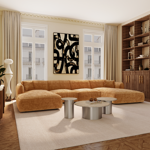 Premium Interiors - Panoramische bank LOMI - gewaafd fluweel karamel 346cm