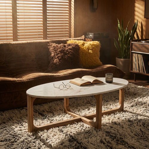 Ovale marmeren salontafel - Wit - 120x60x38 cm