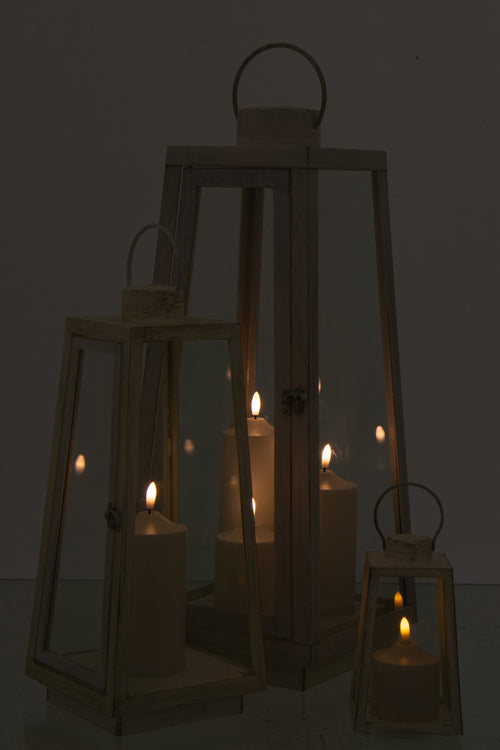 J-Line lantaarn + kaars - glas - wit - large - LED lichtjes