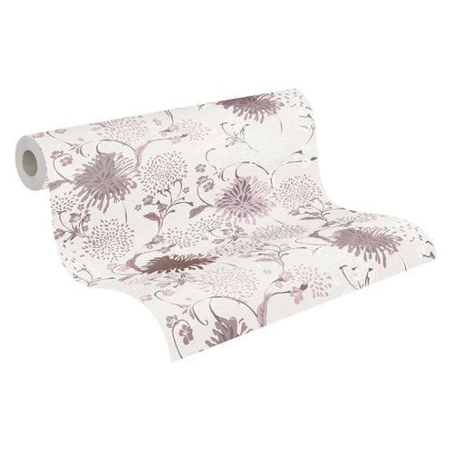Livingwalls behang bloemmotief wit, lila paars, roze en crème - 53 cm x 10.05 m - AS-389001