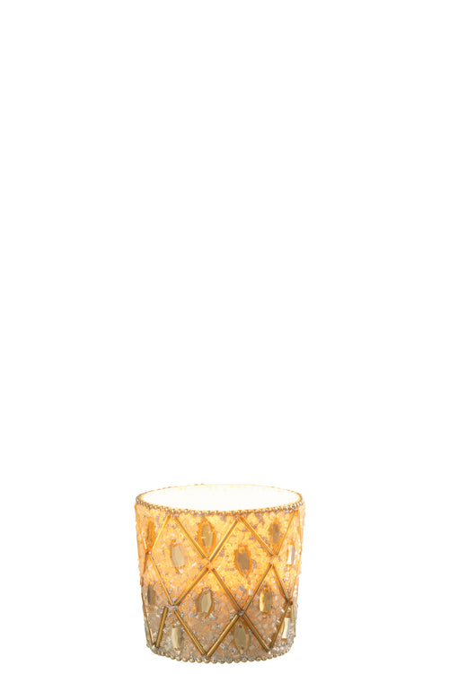 J-Line theelichthouder - glas/kralen - wit/goud - small - vtwonen shop