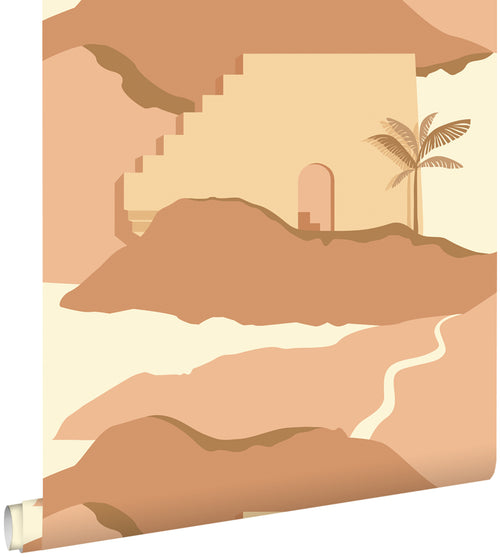 ESTAhome behang mediterrane huisjes beige en terracotta roze - 50 x 900 cm - 139625 - vtwonen shop