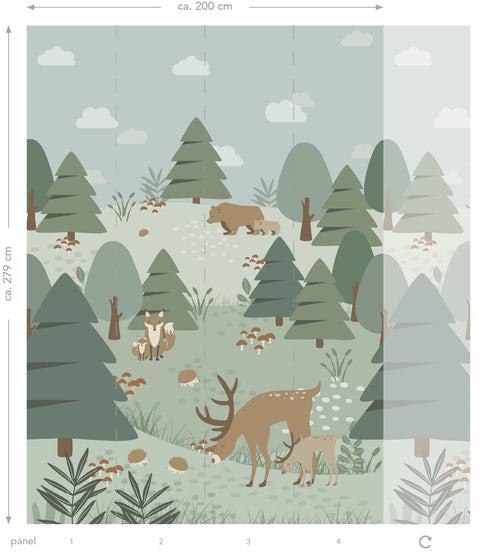 ESTAhome fotobehang bos met bosdieren groen - 200 x 279 cm - 159257