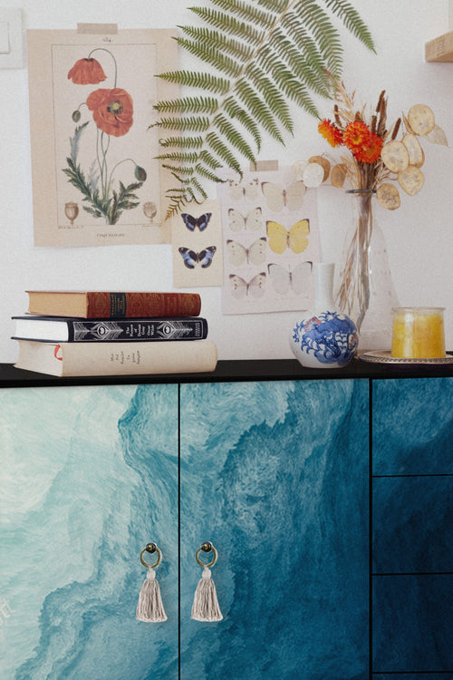 Laag dressoir met 2 deuren en 4 laden van MDF met Blauwe oceaan patroon - vtwonen shop