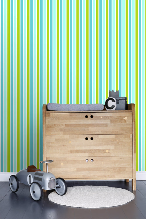 ESTAhome behang verticale strepen turquoise, limegroen en wit - 53 cm x 10.05 m - 138703