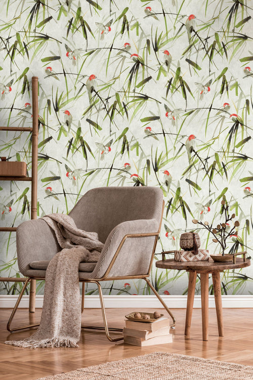 Livingwalls fotobehang vogels beige, groen, zwart en rood - 159 x 280 cm - AS-393121