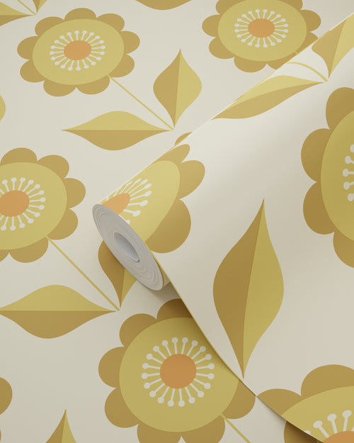 ESTAhome behang bloemen olijfgroen en okergeel - 50 x 900 cm - 130978