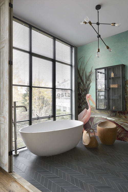 ESTAhome fotobehang tropisch landschap vergrijsd turquoise, bruin, donkergroen en licht roze - 200 x 279 cm - 158948 - vtwonen shop