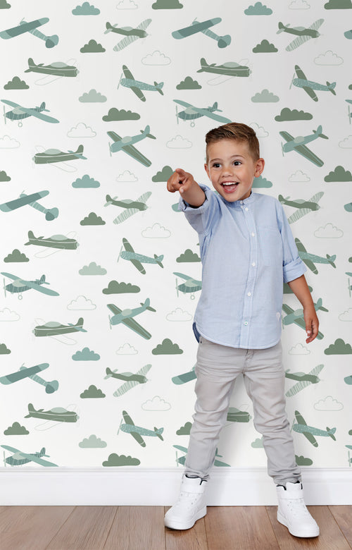 ESTAhome behang vliegtuigen vergrijsd groen en blauw - 50 x 900 cm - 139804 - vtwonen shop
