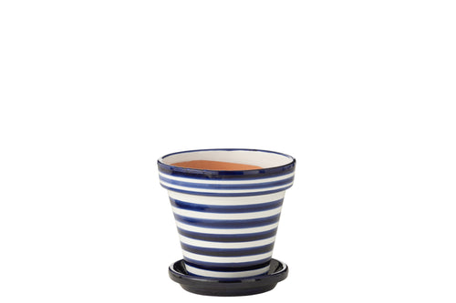 J-Line bloempot Granada Stripes Handmade + Painted - keramiek - blauw - medium - Ø 27 cm - vtwonen shop