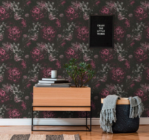 Livingwalls behang bloemmotief lila paars, zwart, grijs en wit - 53 cm x 10.05 m - AS-385094 - vtwonen shop