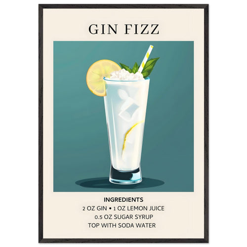 Artfulprints Poster met Lijst Gin Fizz cocktail - Ingrediënten   - 70x100 cm - Blauw